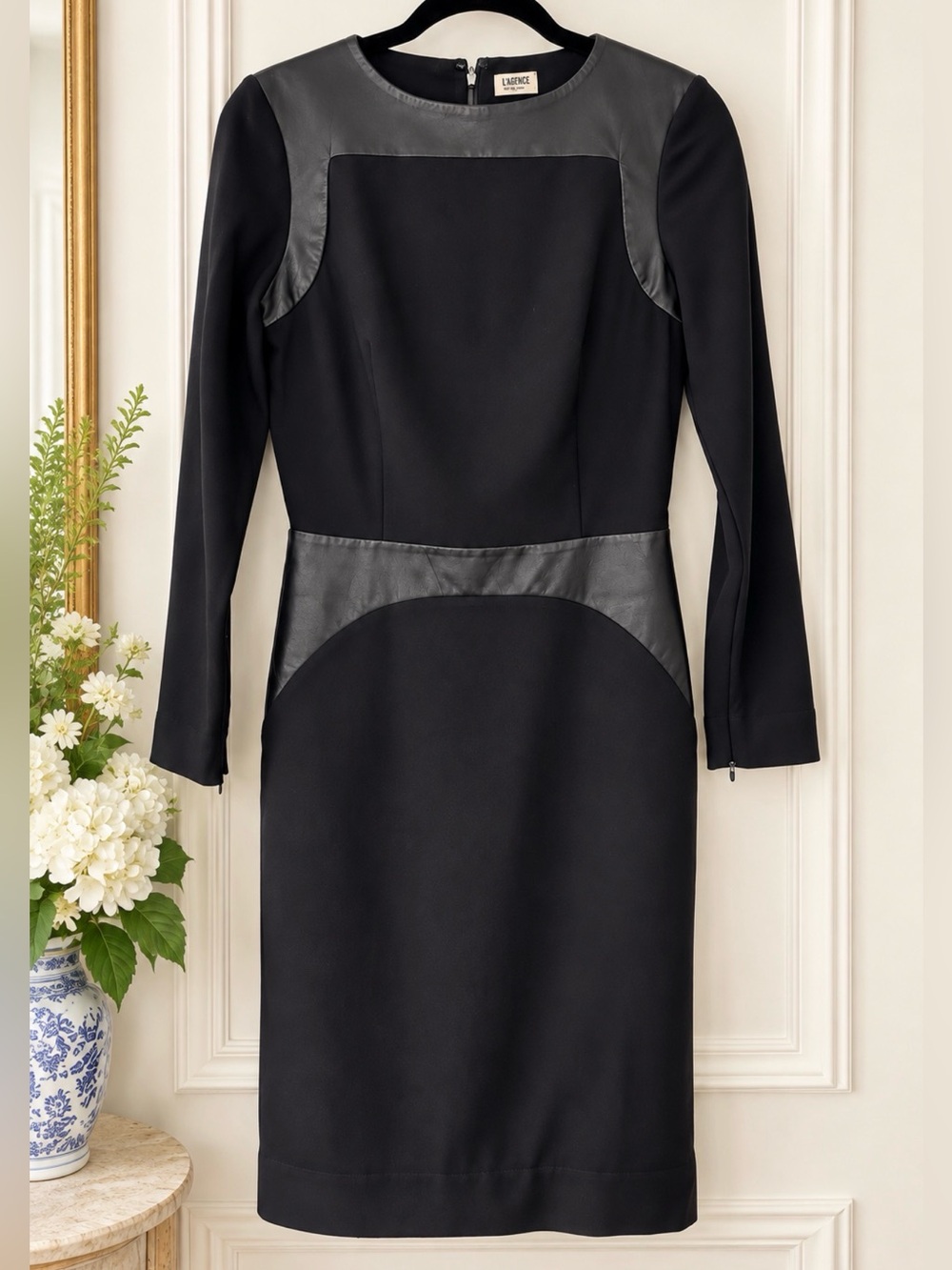 L'AGENCE Black Long Sleeve Sheath Dress Genuine Leather Paneling Size 6